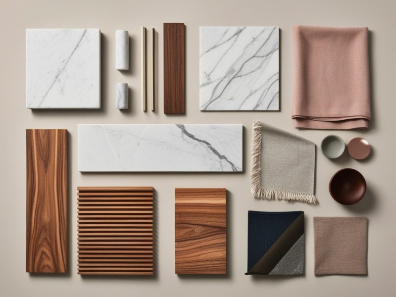 Moodboard mit gemasertem Holz in warmen Tönen, Stoffen in rosé und grau, hellem Marmor und Schalen in Berry-Tönen